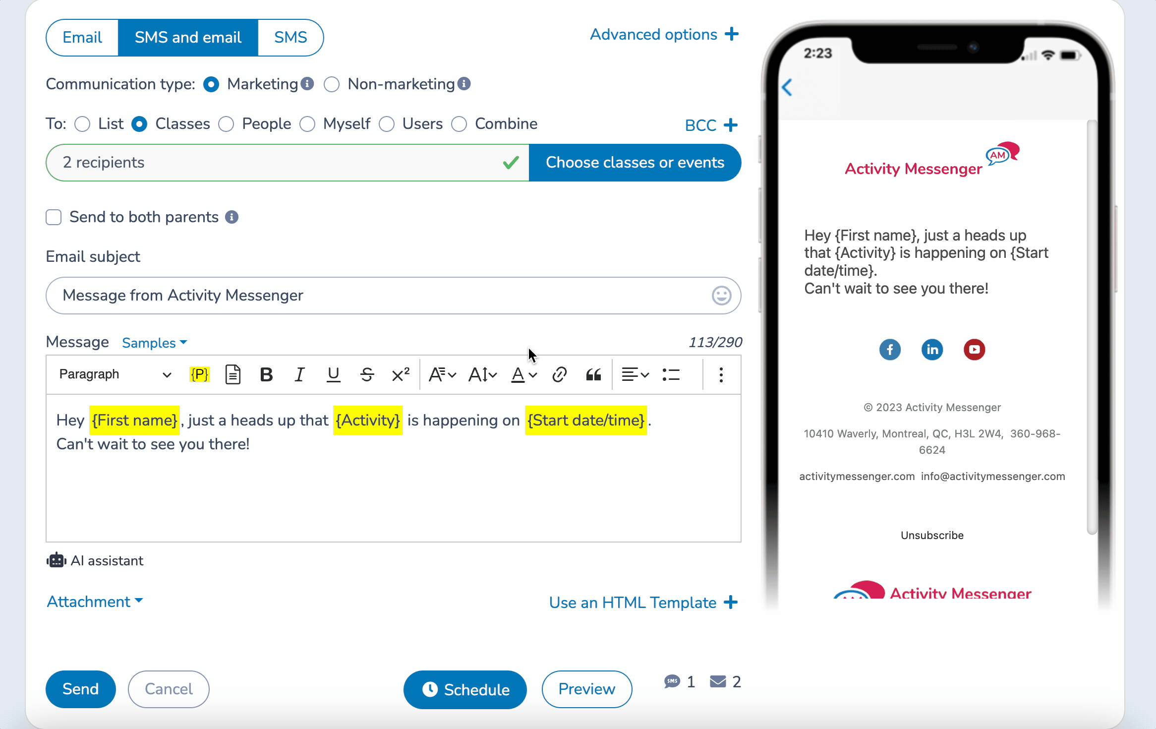 mailmerge SMS reminders for events