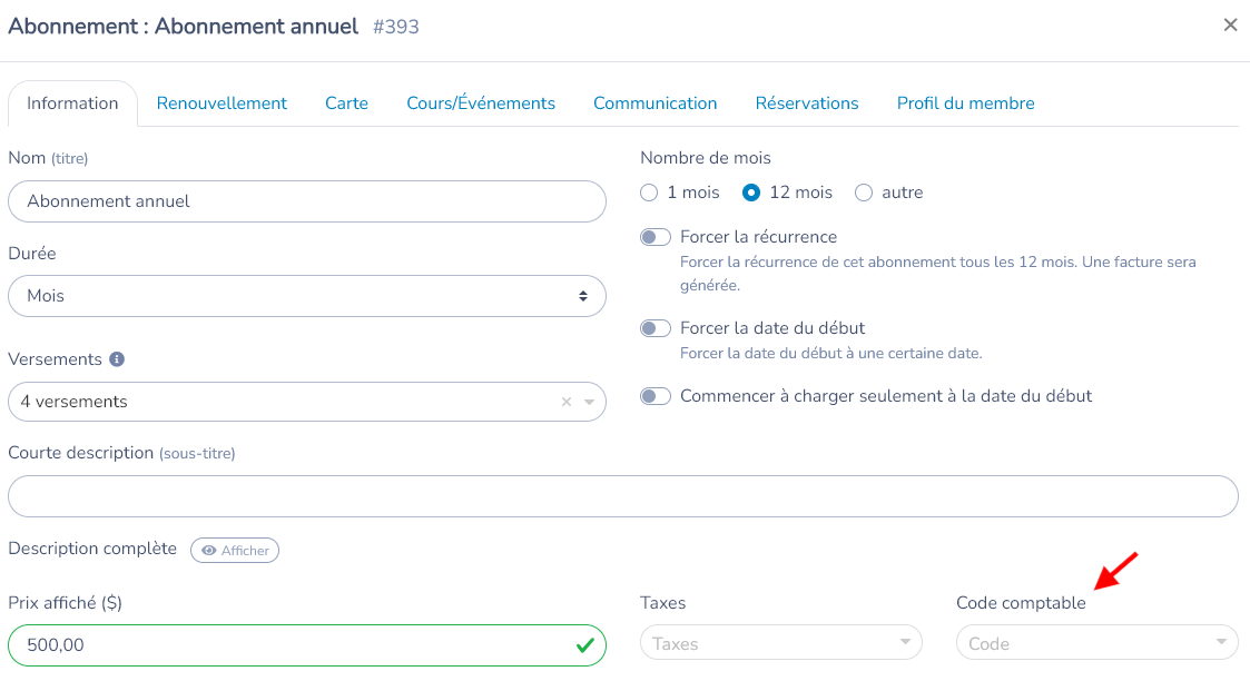 Réglages d’un abonnement avec le champ Code comptable