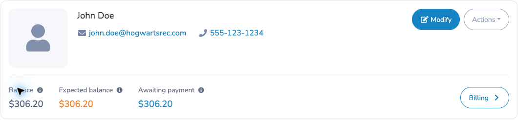 Client account showing Balance, Expected balance, Awaiting payment and the Billing button