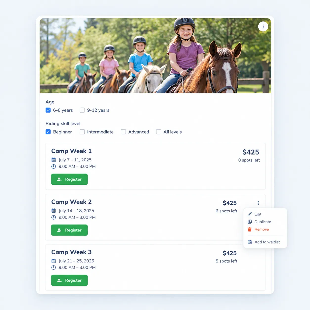 An example of a Horse Riding Registration Software Form with Activity Messenger