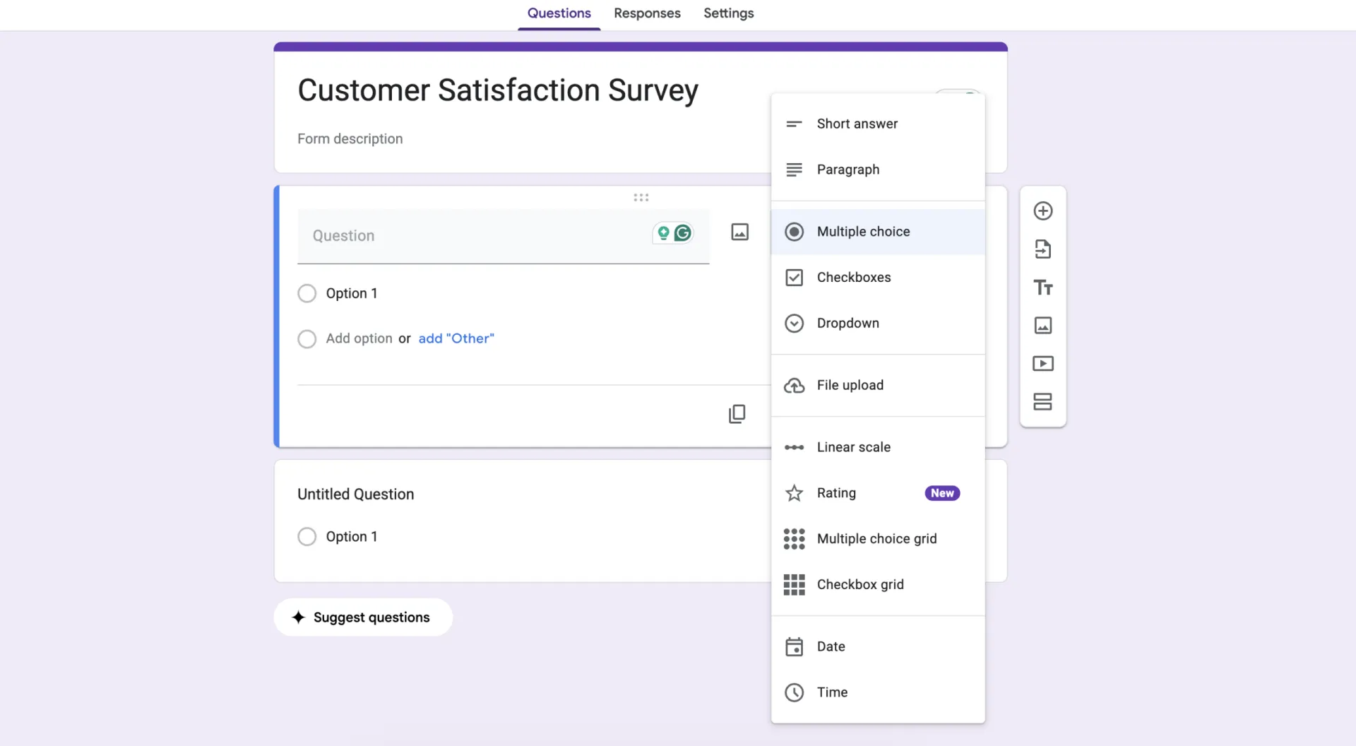 A screen depicting a drop-down menu with different types of survey questions you can add to your form.