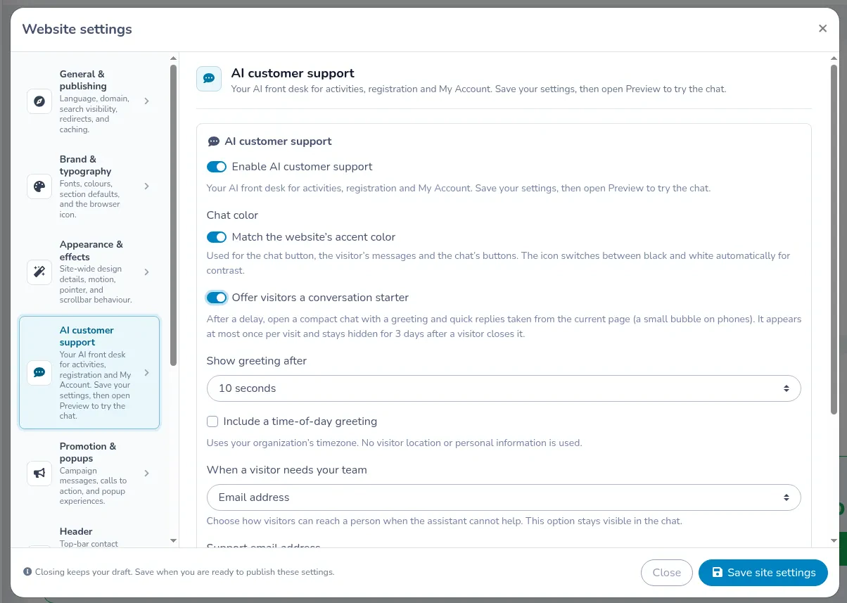 Offer visitors a conversation starter on, with Show greeting after set to 10 seconds
