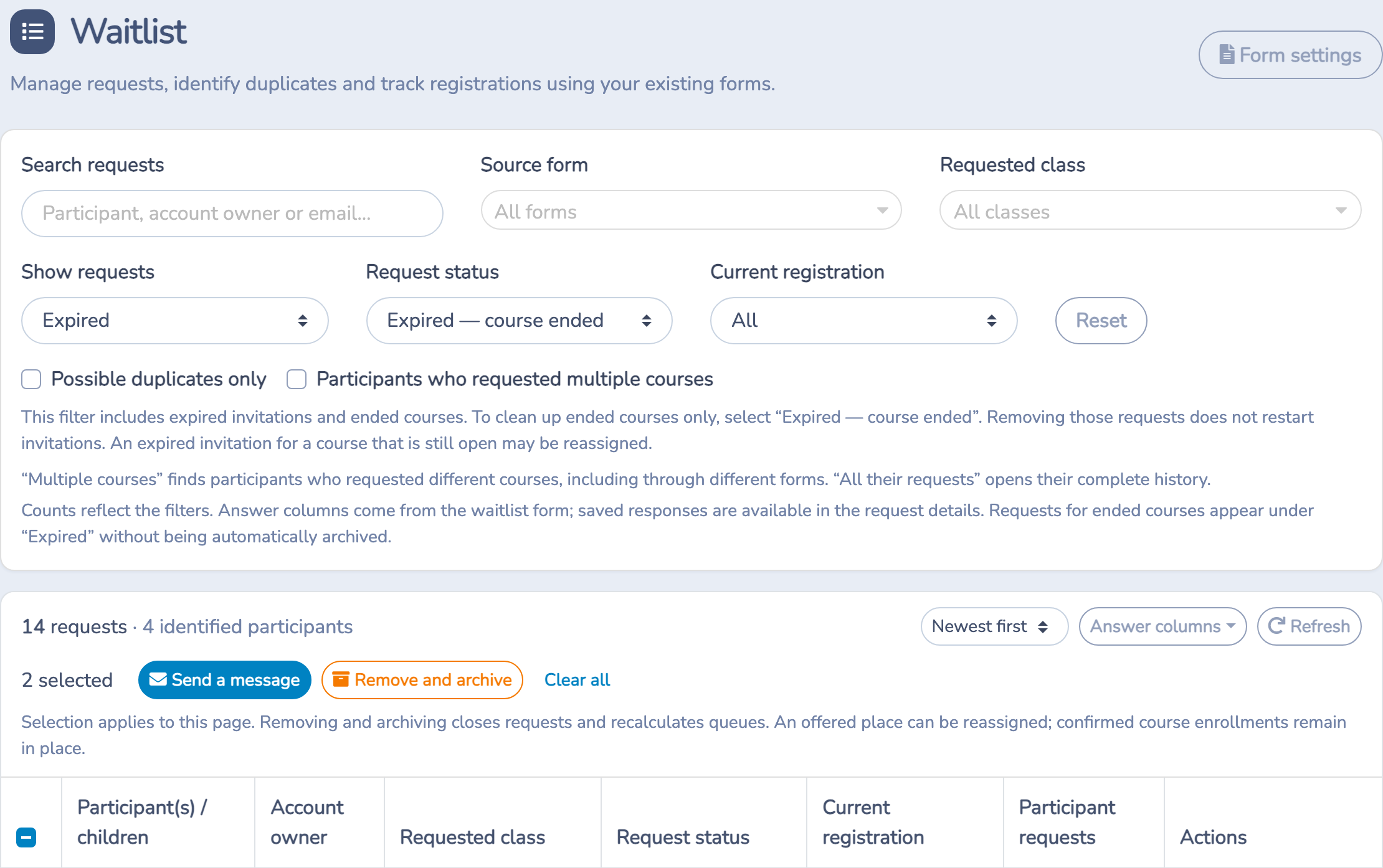 Ended-course requests filtered and selected before archival