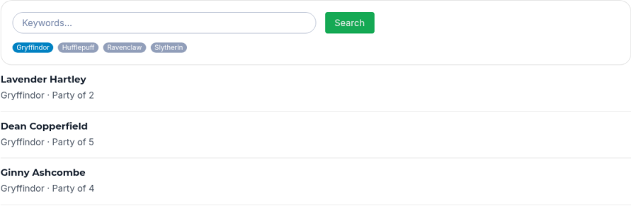 Published Custom HTML results. Keywords and Search sit above house badges, with Gryffindor selected and Hufflepuff, Ravenclaw, and Slytherin unselected. The cards are Lavender Hartley, Dean Copperfield, and Ginny Ashcombe, each in Gryffindor with a party size.