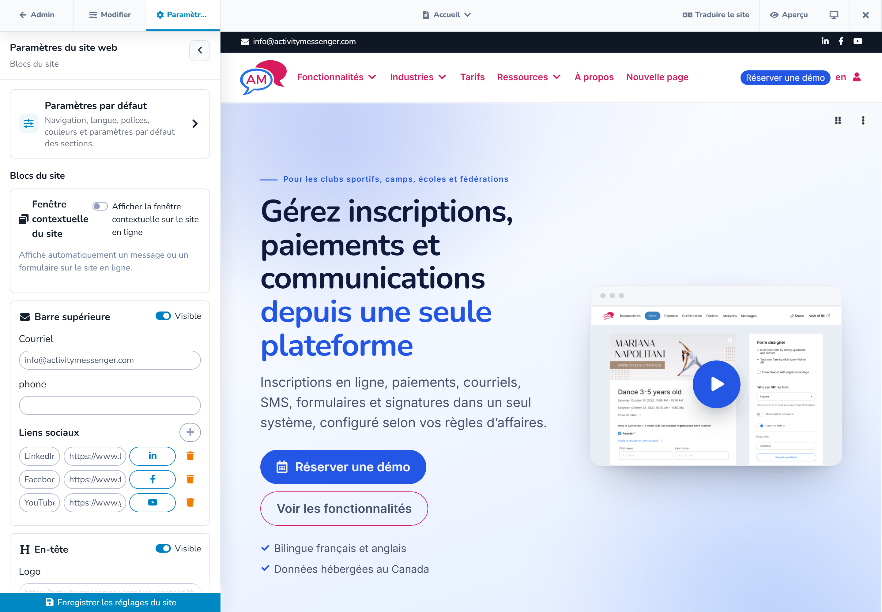 Paramètres de l'en-tête pour la barre supérieure, le logo et la navigation