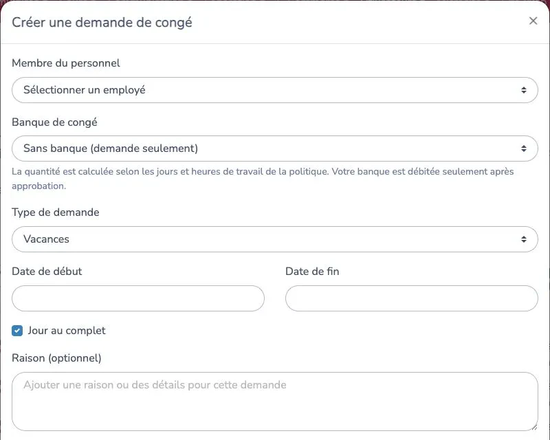 Formulaire de demande de congé avec type, dates, jour au complet et raison