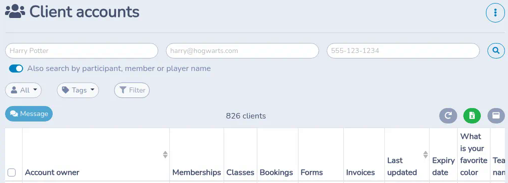 Client accounts page with the client filter set to All, the search fields and the client list