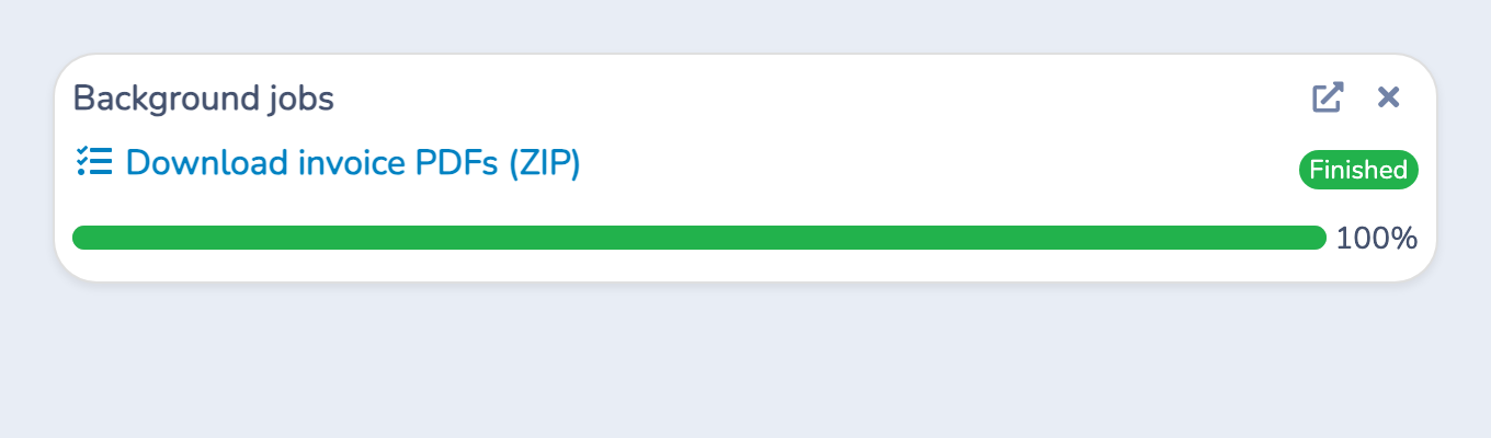 A finished invoice ZIP job at 100 percent with its downloadable title