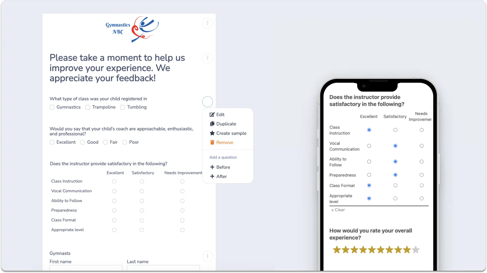 How to create a survey for gymnastics