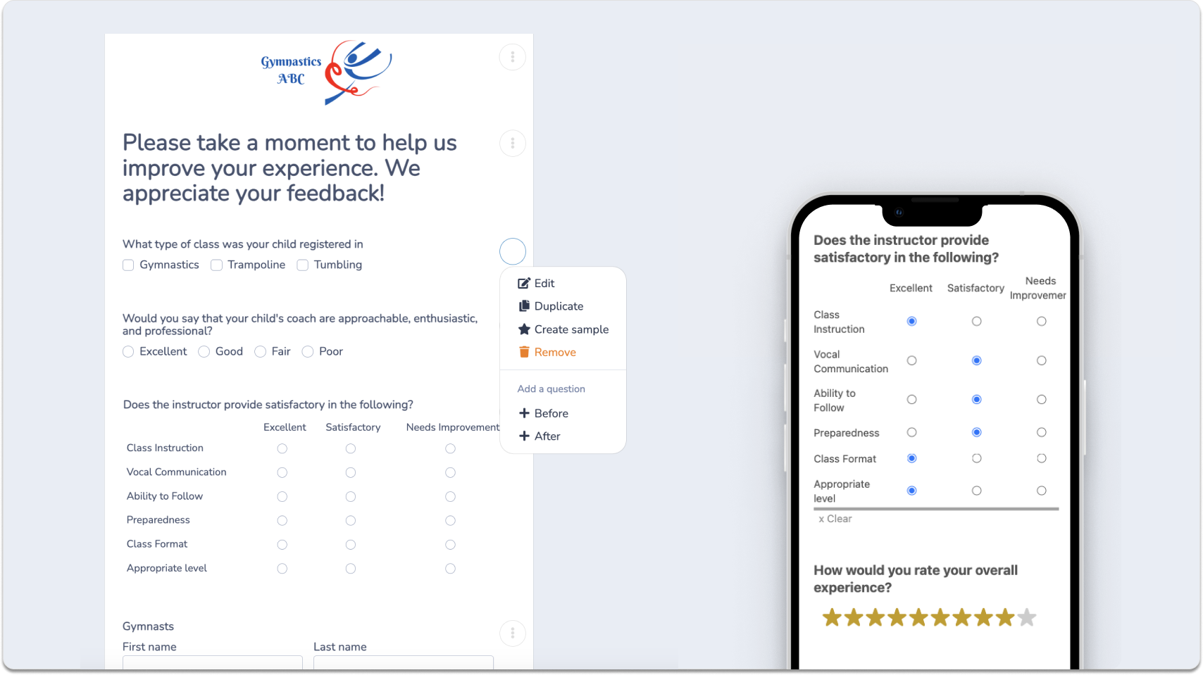 How to create a survey for gymnastics