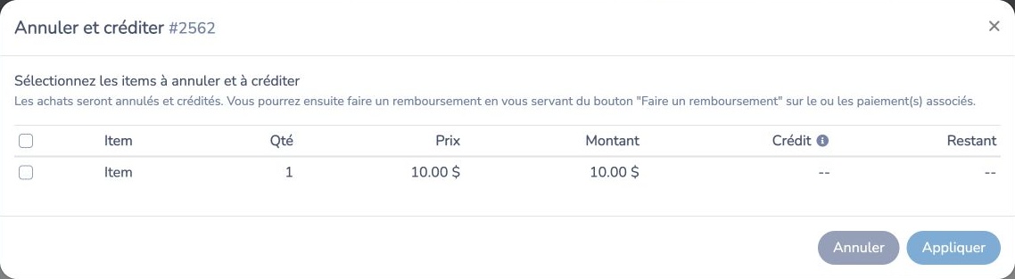 Fenêtre Annuler et créditer expliquant le remboursement distinct