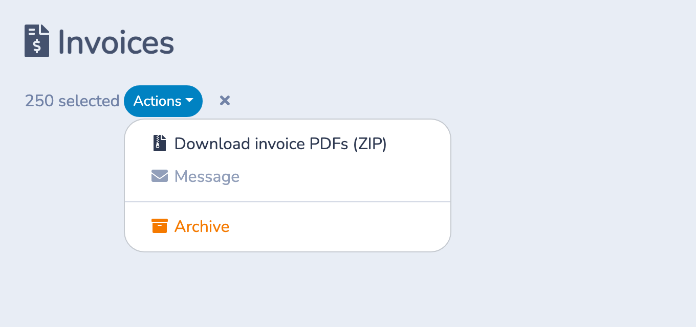 The Invoices Actions menu showing Download invoice PDFs (ZIP) with 250 invoices selected