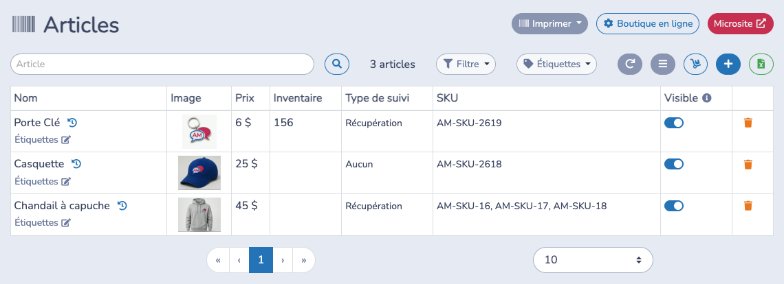 Consulter les articles, l'inventaire, les libellés et la visibilité dans le catalogue