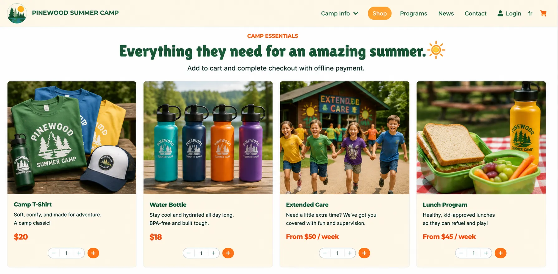 Build a Summer Camp Website: example of a shop using Activity Messenger