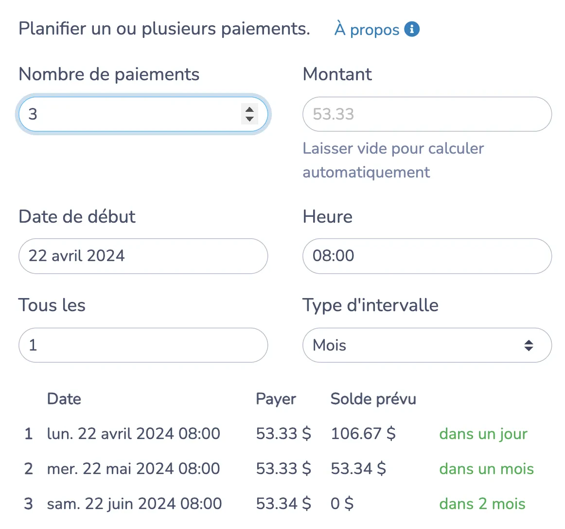 paiements pour les factures qui ont plusieurs pleinement planifiées.
