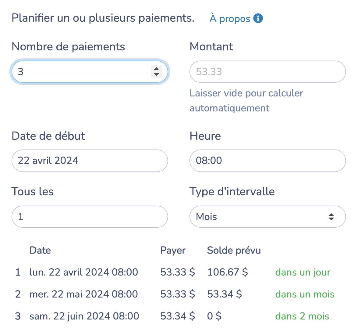 paiements pour les factures qui ont plusieurs pleinement planifiées.