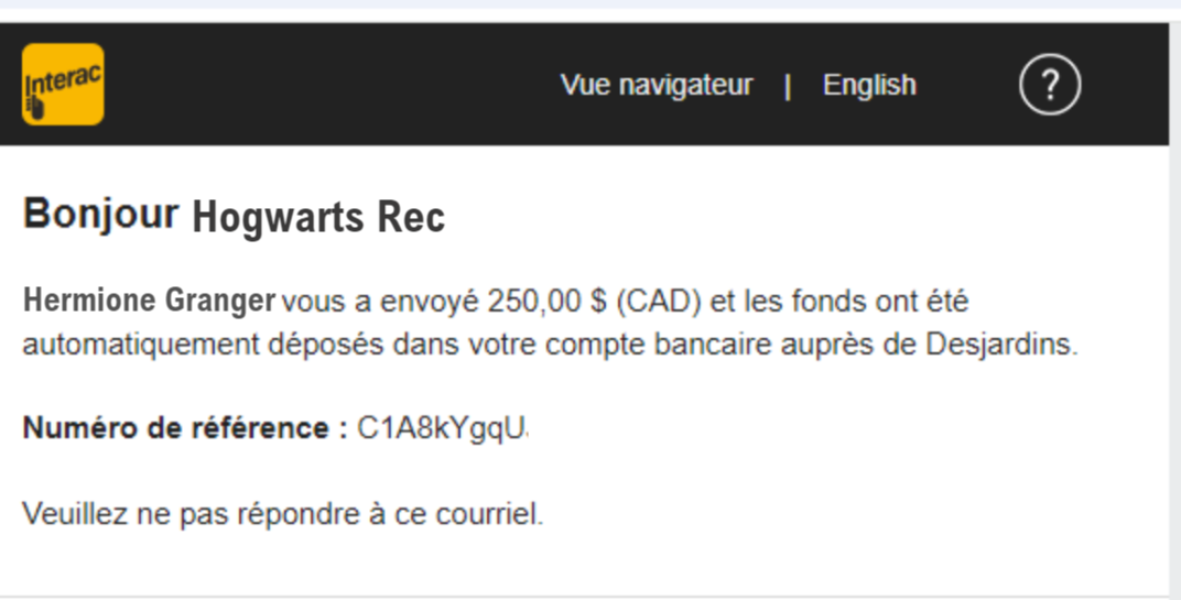 Courriel Interac sans facture — capture d’écran