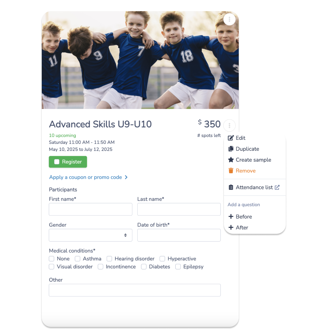 Online registration for a soccer academy