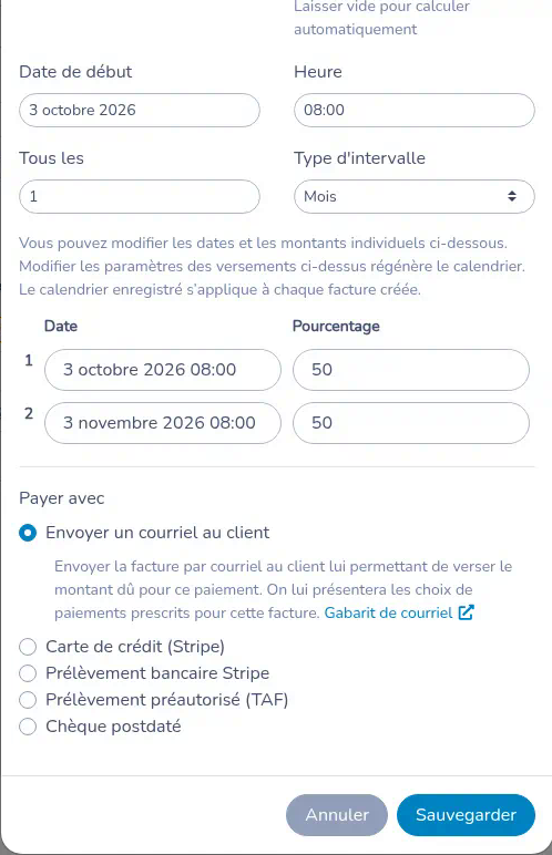 Suite de Planifier des paiements, avec les lignes de versement, les modes de paiement et Enregistrer
