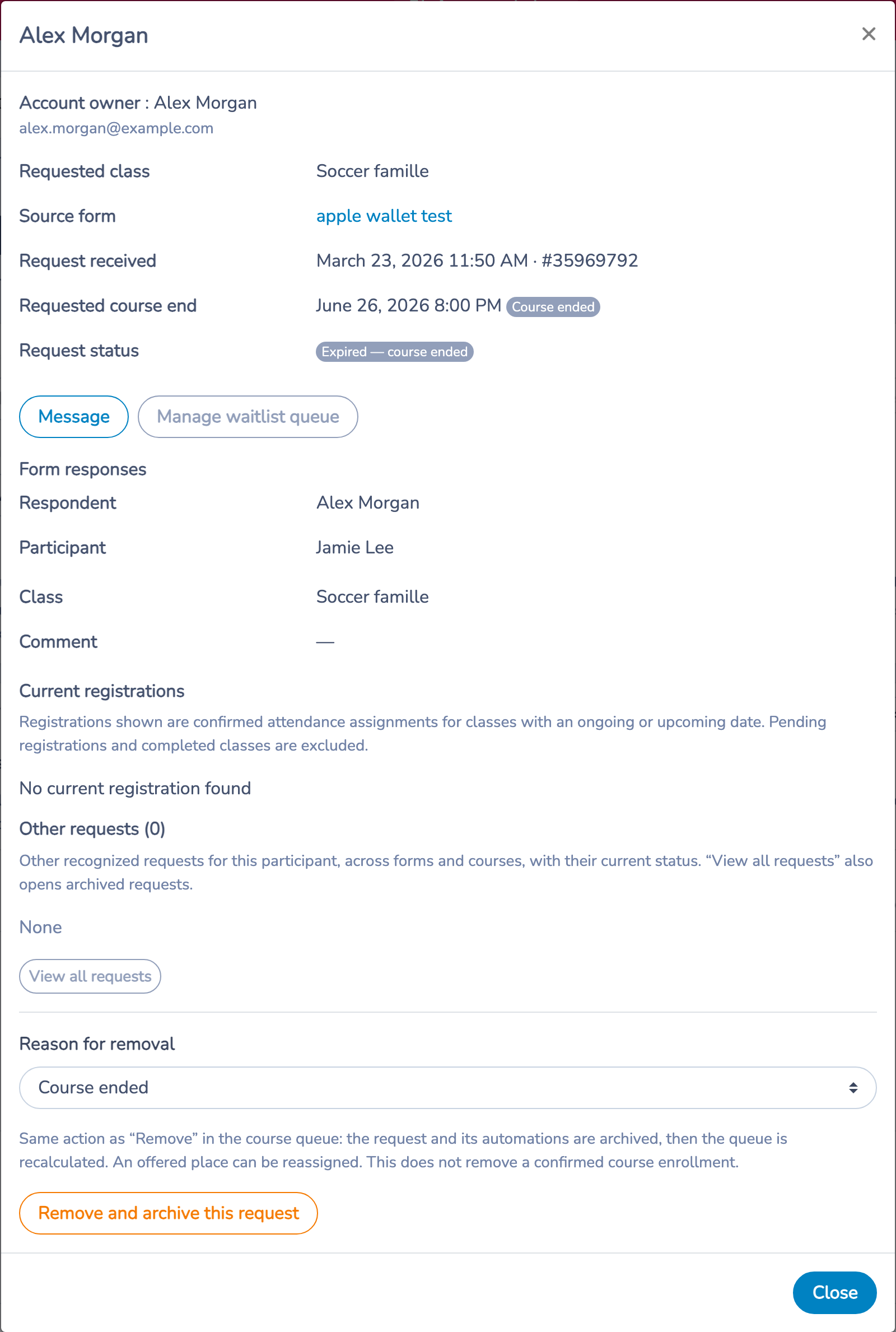 Request details showing the account owner, participant, saved answers and an ended-course status