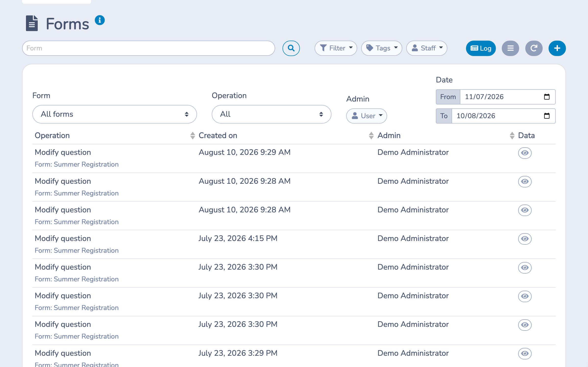 Open the audit log from the Forms page