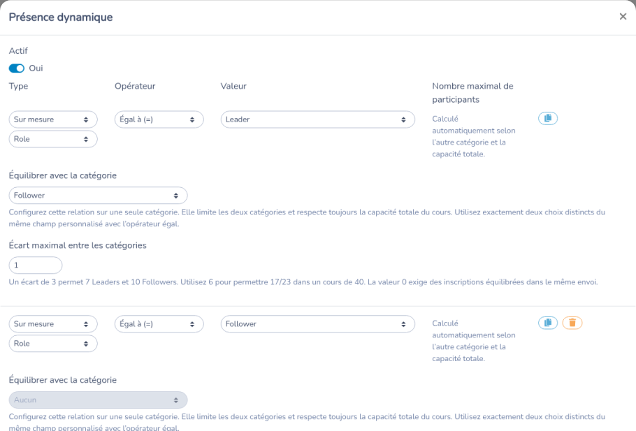 Présence dynamique avec Leader équilibré vers Follower et un écart maximal de 1