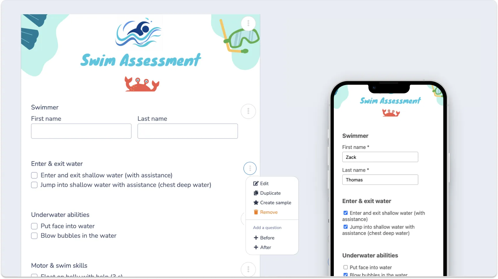 Swim School Skill Tracking: a complete swim progress report from attendance lists, on mobile or desktop