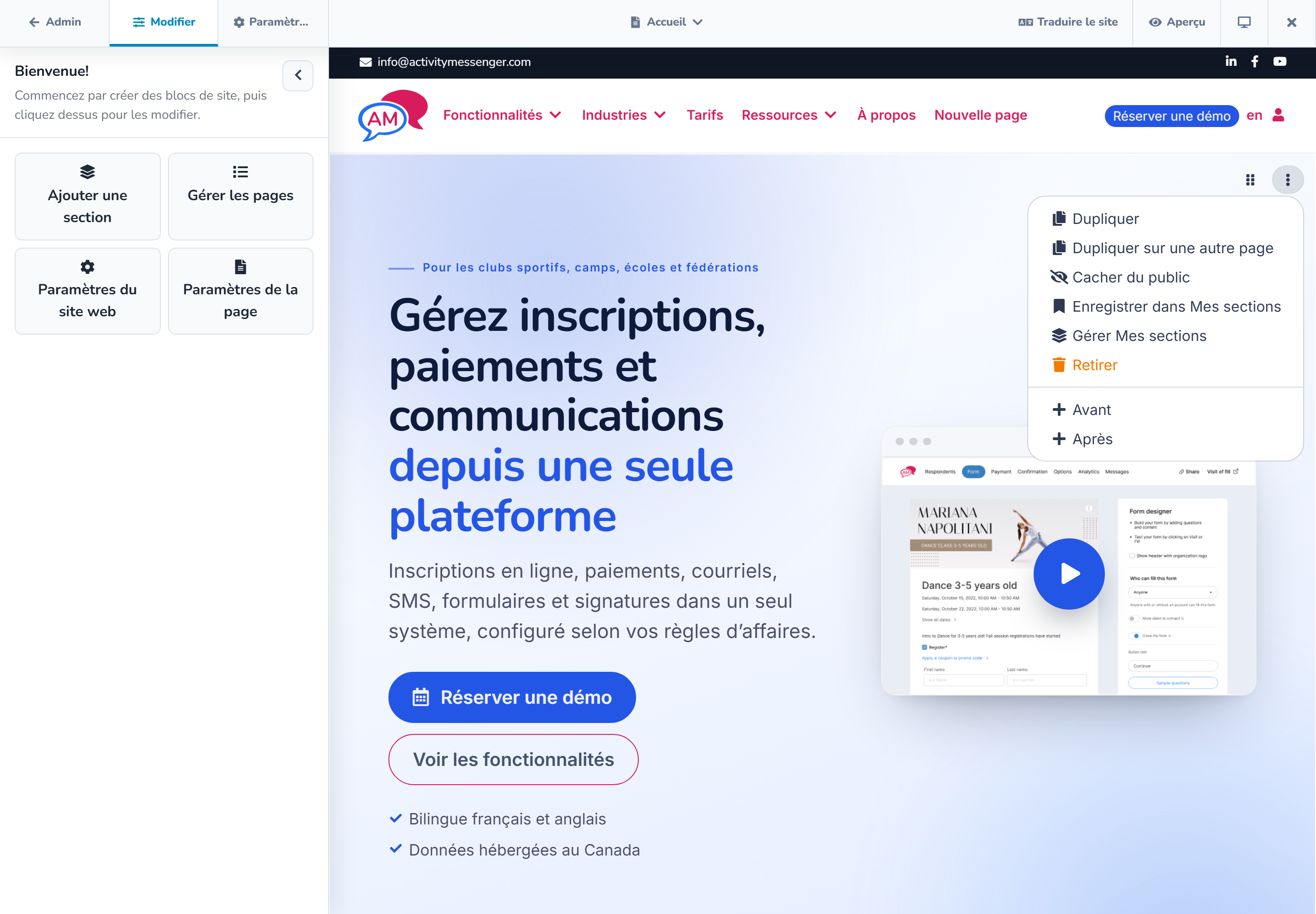 Menu d'actions pour modifier, déplacer, dupliquer ou réutiliser une section