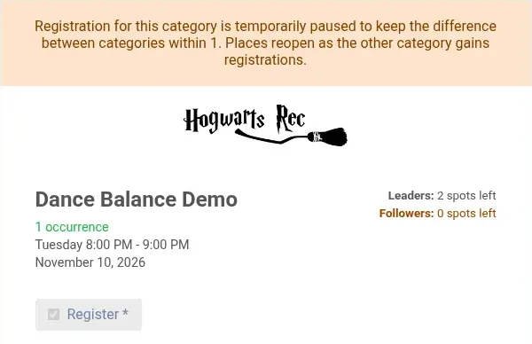 Public form with Followers at 0 spots left and the paused-category message