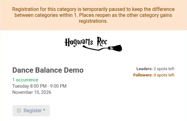 Public form with Followers at 0 spots left and the paused-category message