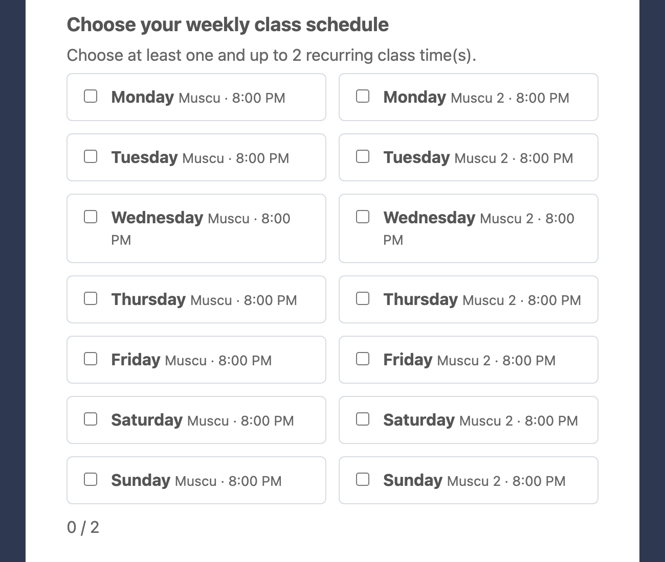 Choose recurring class weekdays and times during membership checkout