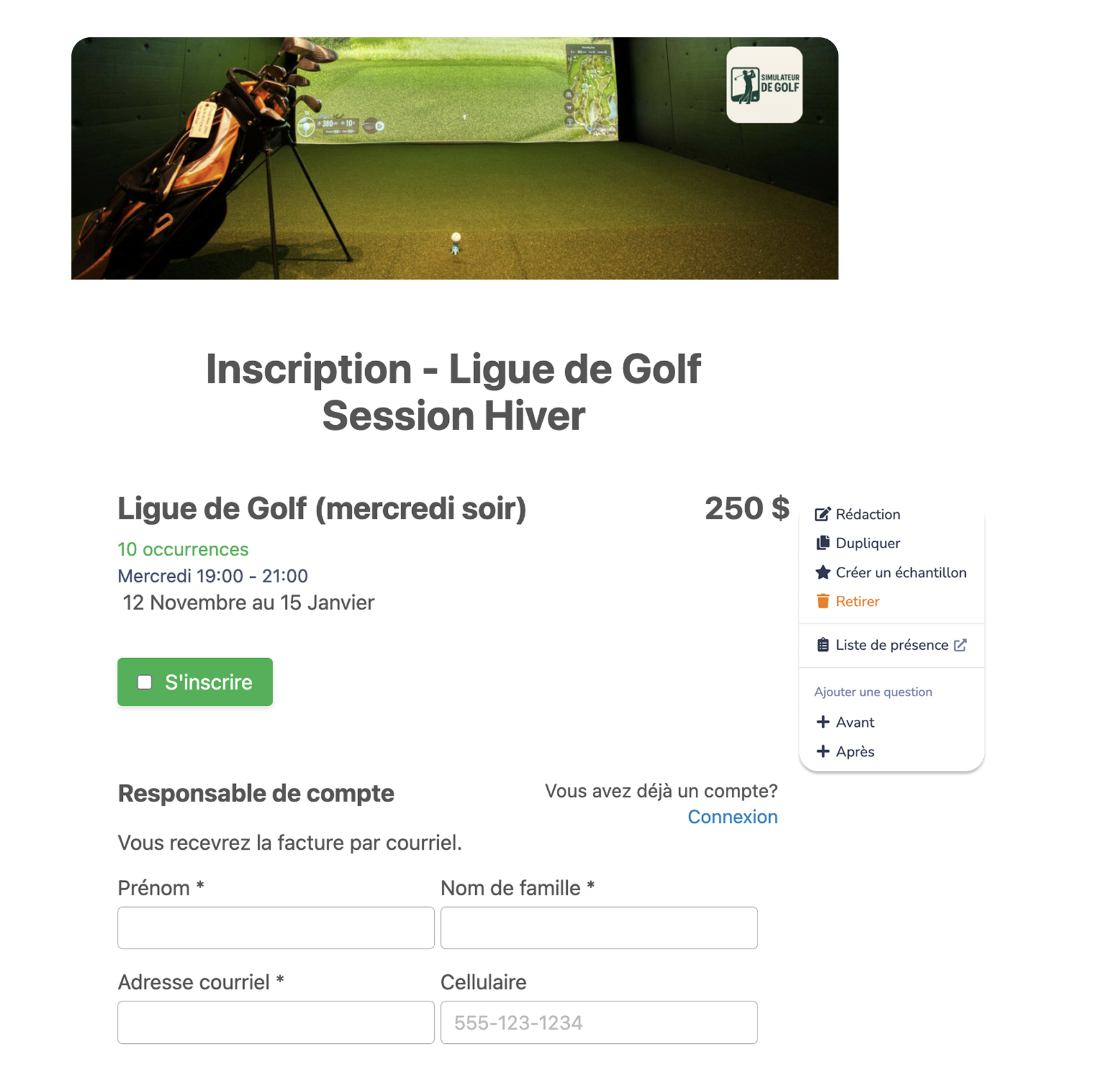 Inscription en ligne pour ligues de golf intérieur