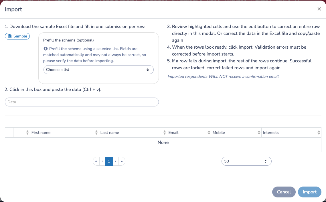 Choose a source list to prefill the sample spreadsheet