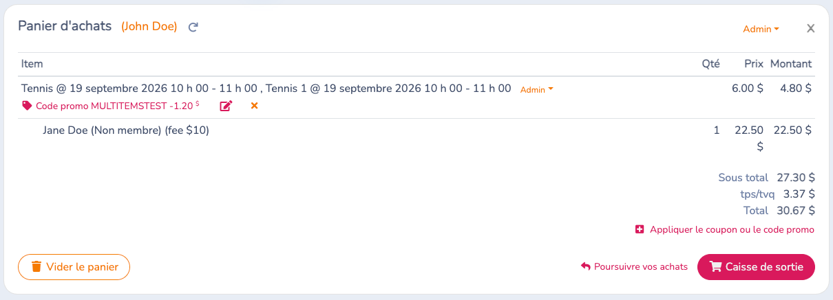 Panier Tennis réel : rabais du membre, part de Jane Doe, taxes et total de 30,67 $.