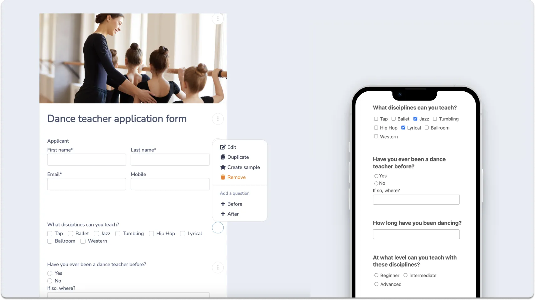Online dance teaching application form