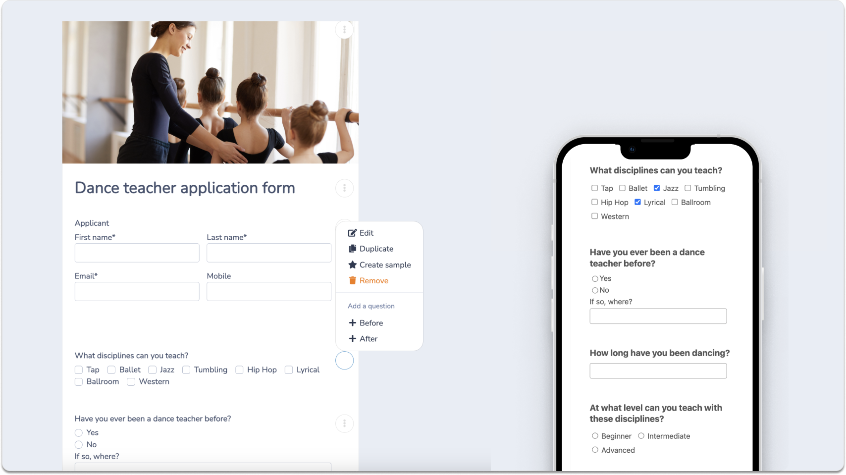 Online dance teaching application form