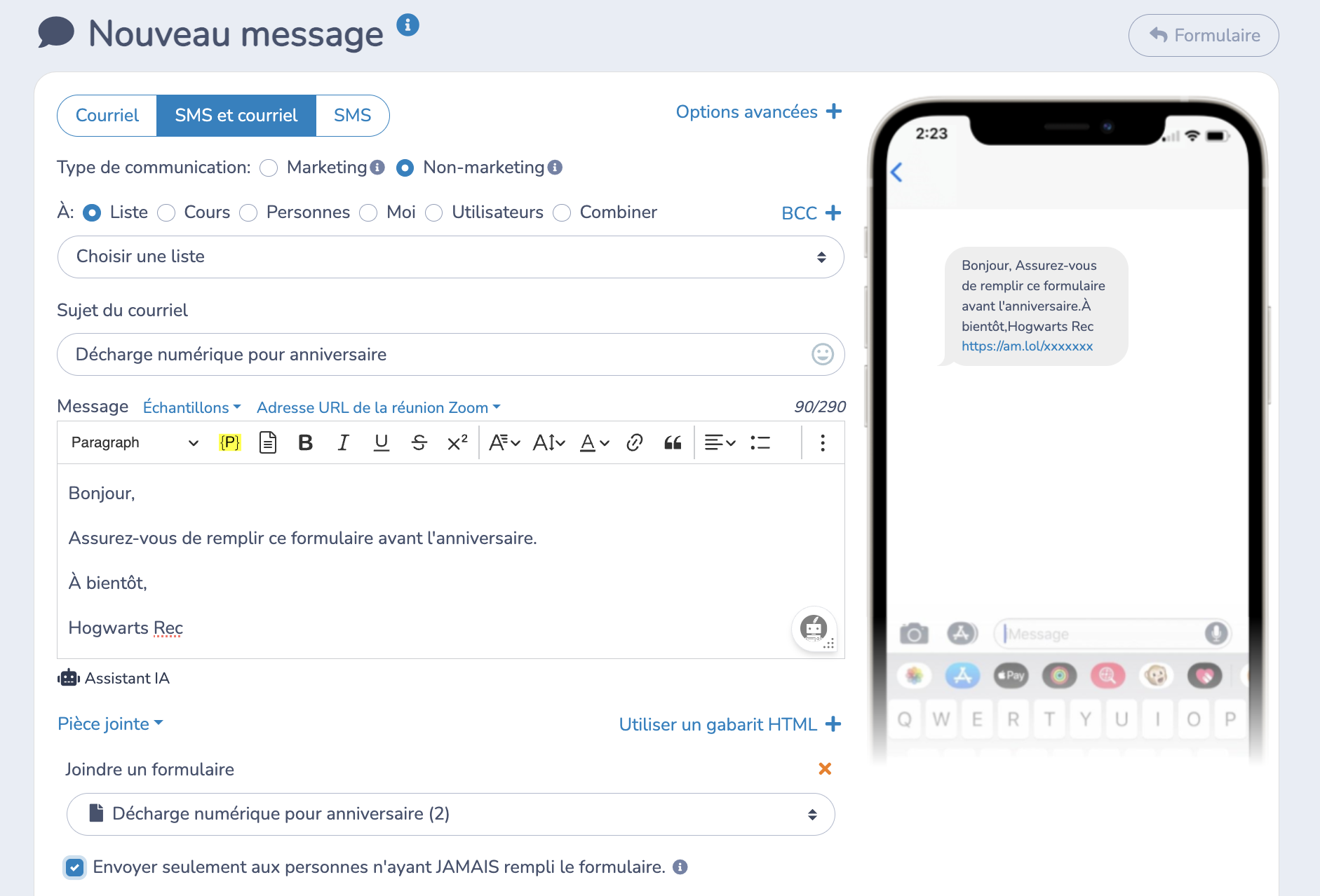 Envoi de formulaire à signer par SMS
