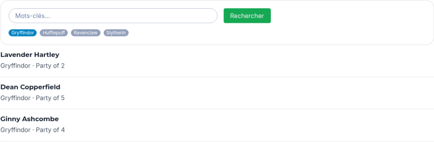Résultats HTML personnalisé publiés. Mots-clés et Rechercher sont au-dessus des pastilles de maison, Gryffindor étant sélectionnée et Hufflepuff, Ravenclaw et Slytherin non sélectionnées. Les cartes sont Lavender Hartley, Dean Copperfield et Ginny Ashcombe, chacune à Gryffindor avec une taille de groupe.