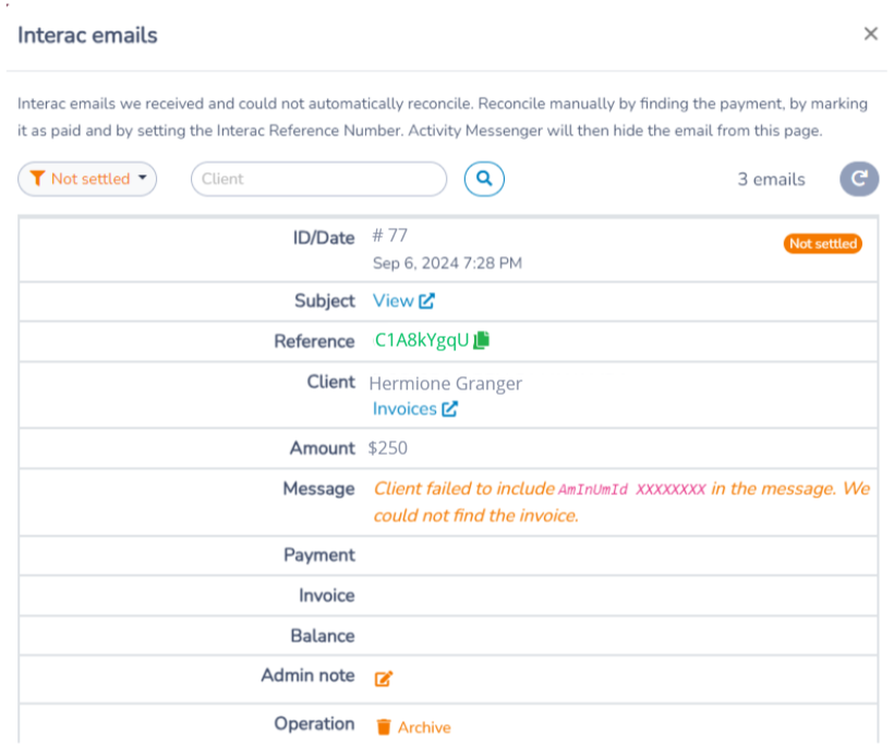 Email Interac without an invoice — screenshot