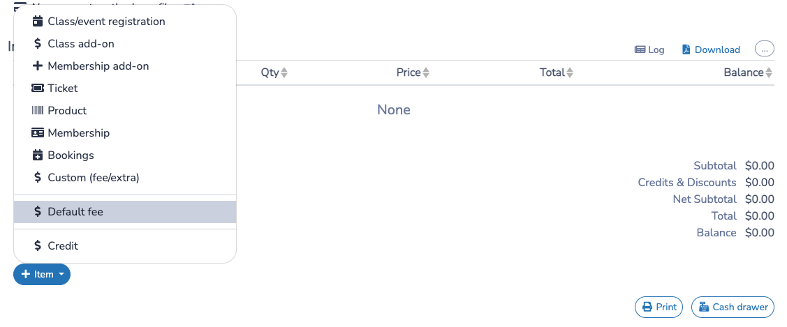 Add the default fee from the invoice item menu