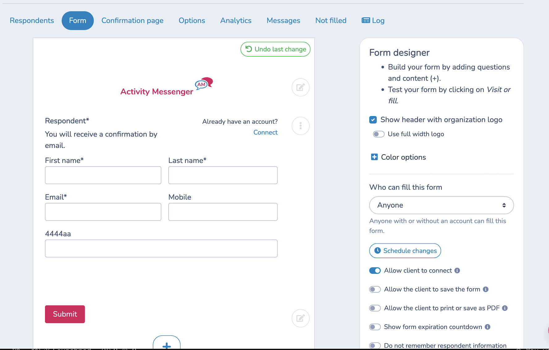 Undo the latest question change from the form editor
