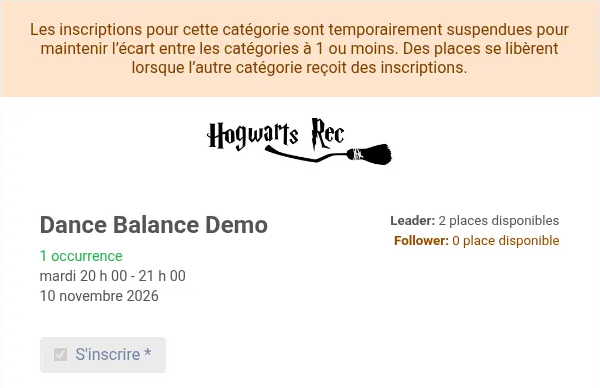 Formulaire public avec Follower à 0 place disponible et le message de catégorie suspendue