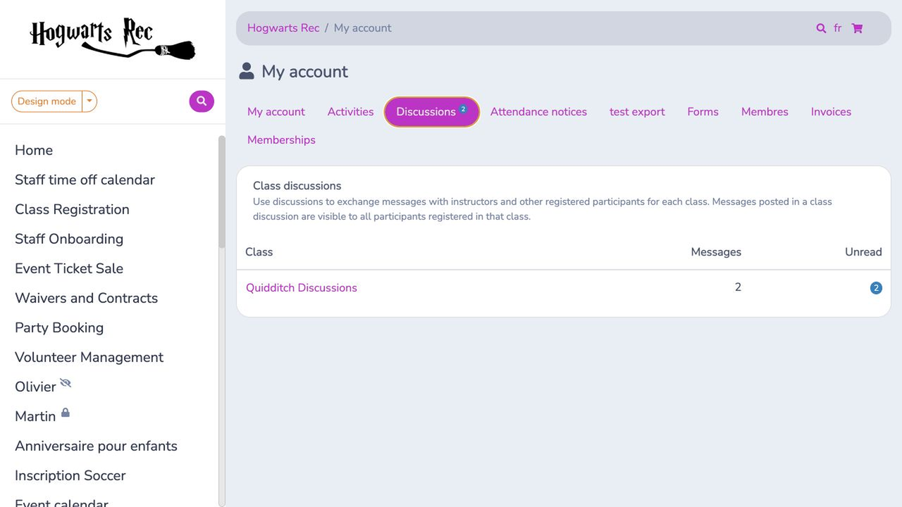 Client account Discussions tab with message and unread counts