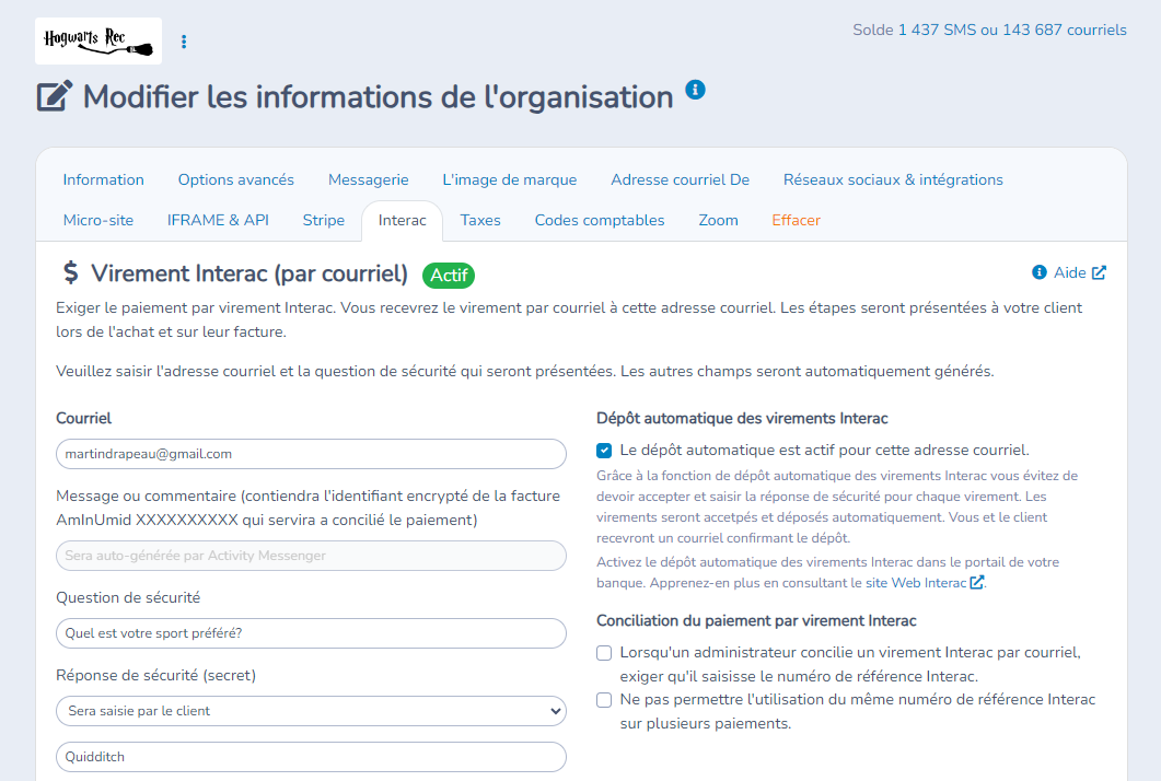 Configurer le virement Interac — capture d’écran