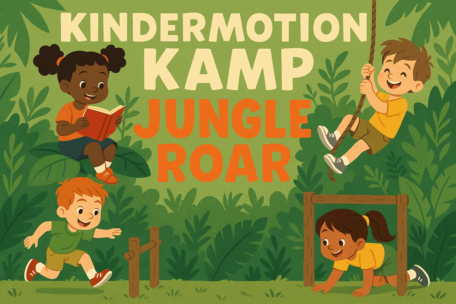 Kids kamp activities, story, obstacle course jungle text "Kindermotion Kamp Jungle Roar"