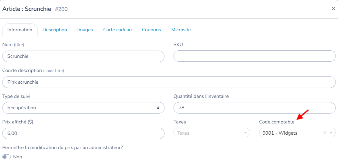 Réglages d’un article avec le champ Code comptable