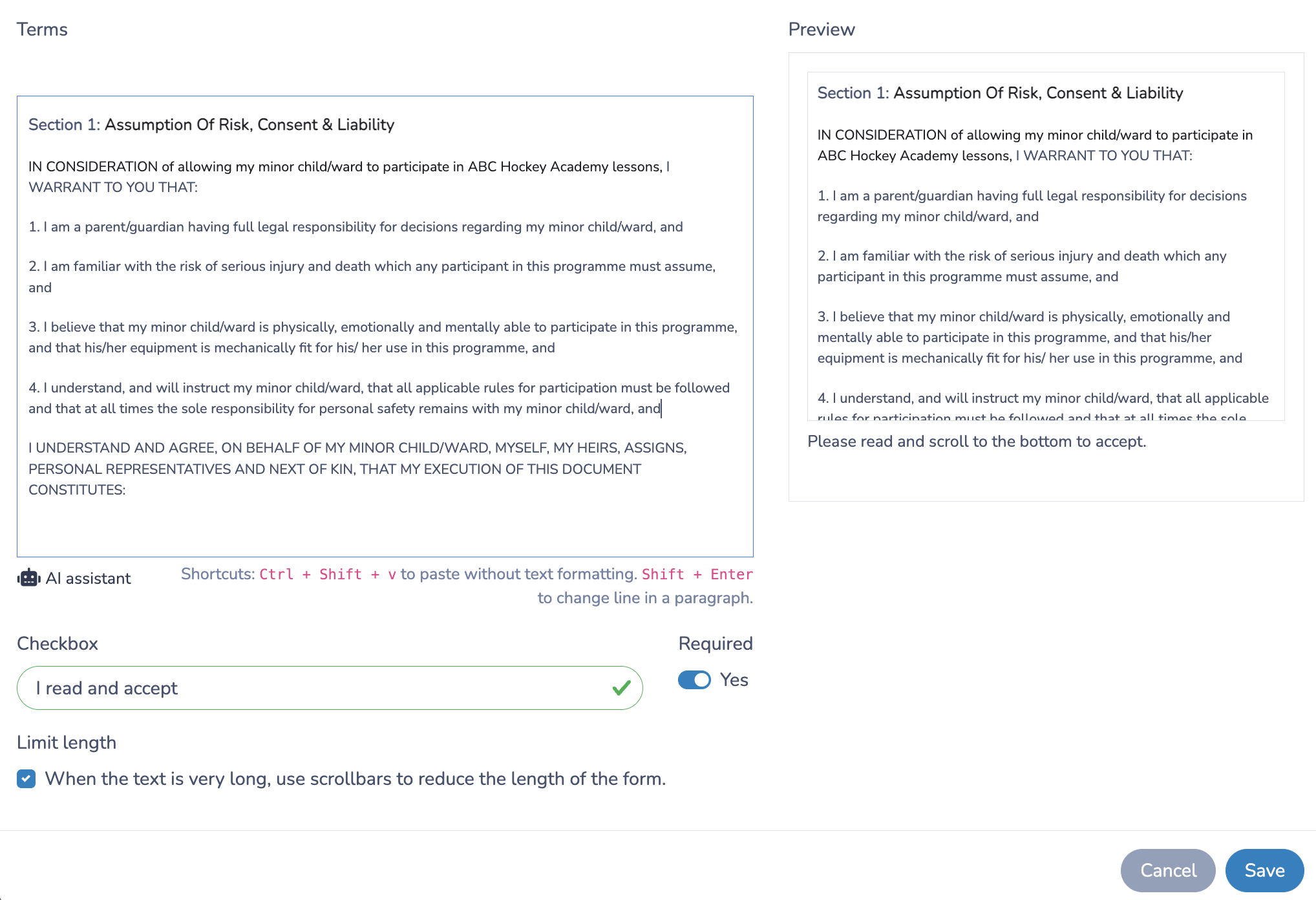 Hockey Camp Liability Waiver Form: Add the Assumption of Risk and Liability Statement