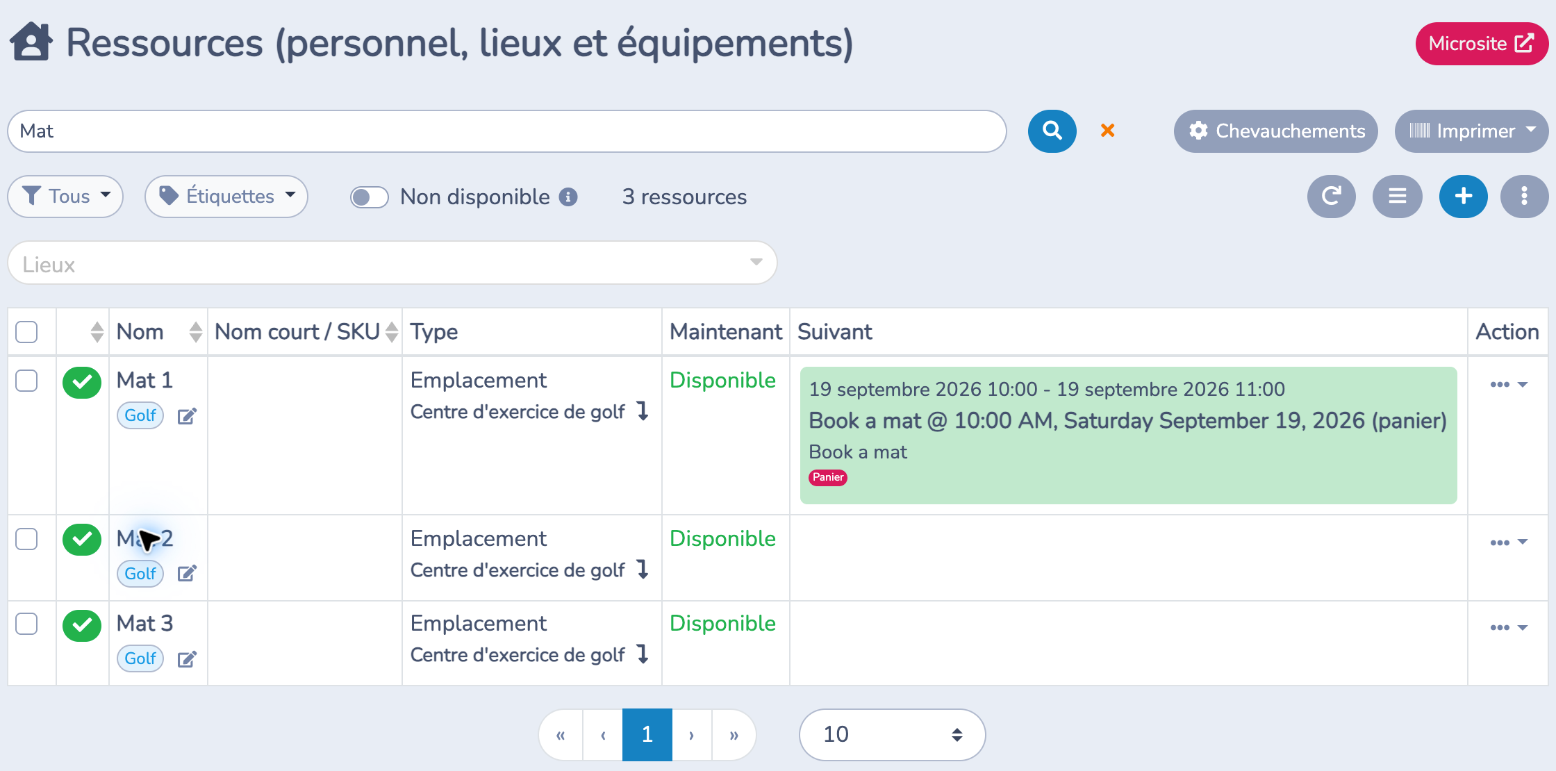 Liste des ressources Mat 1, Mat 2 et Mat 3 avec l'étiquette Golf et les disponibilités actuelles et suivantes
