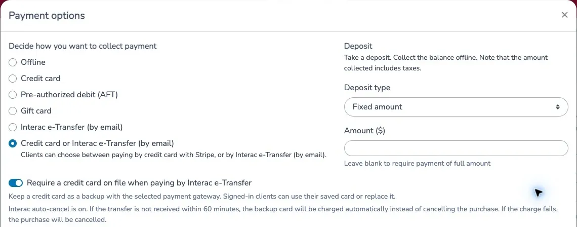 Form payment options with the backup-card requirement enabled and the 60-minute automatic-charge explanation