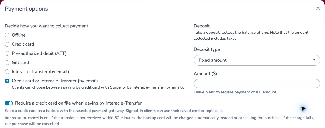 Form payment options with the backup-card requirement enabled and the 60-minute automatic-charge explanation